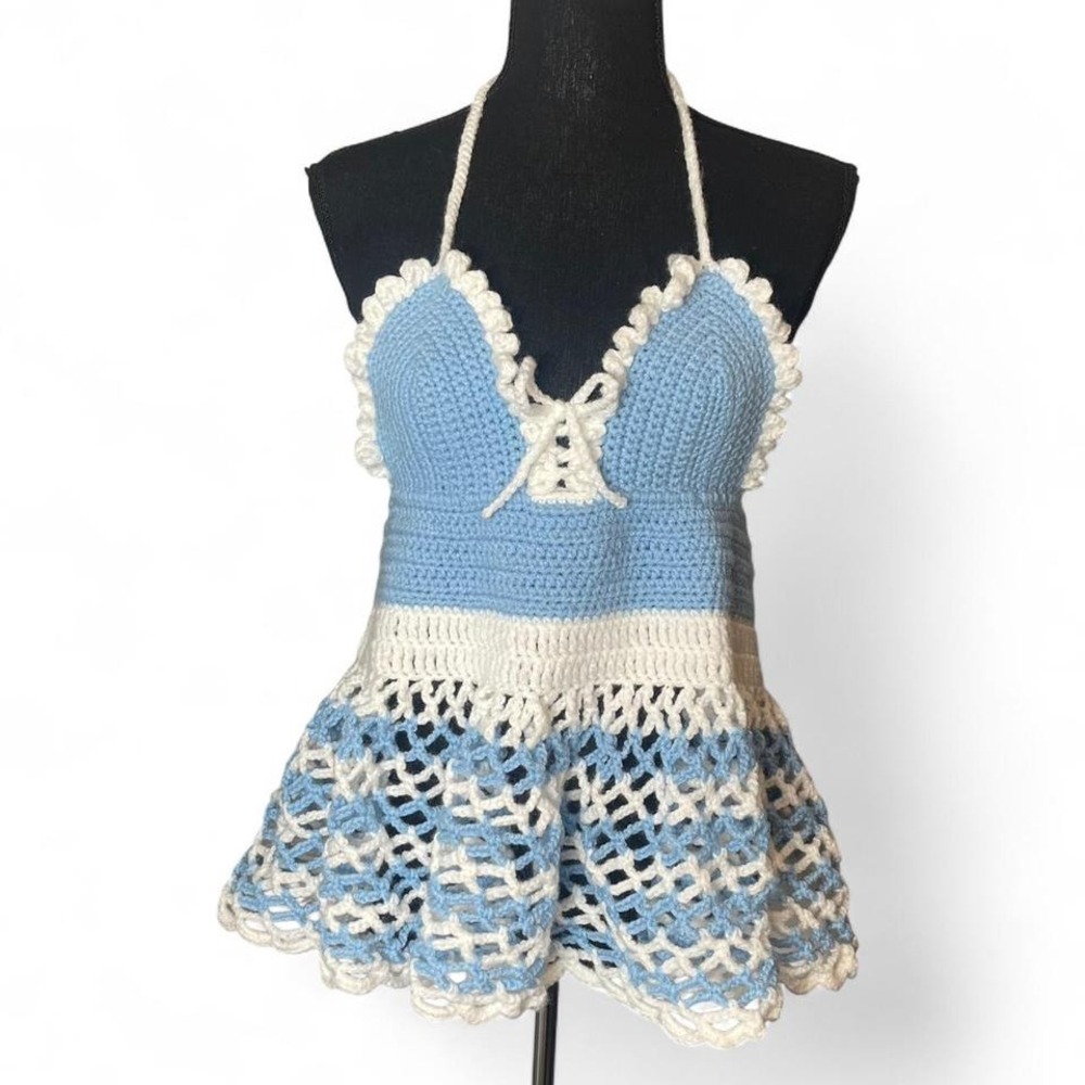 Blue and white crochet halter top with lace up detail